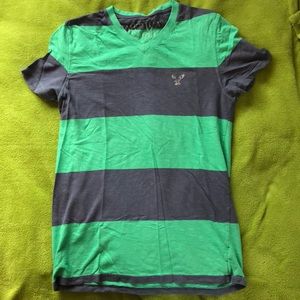 American Eagle Green/Grey Striped V-Neck